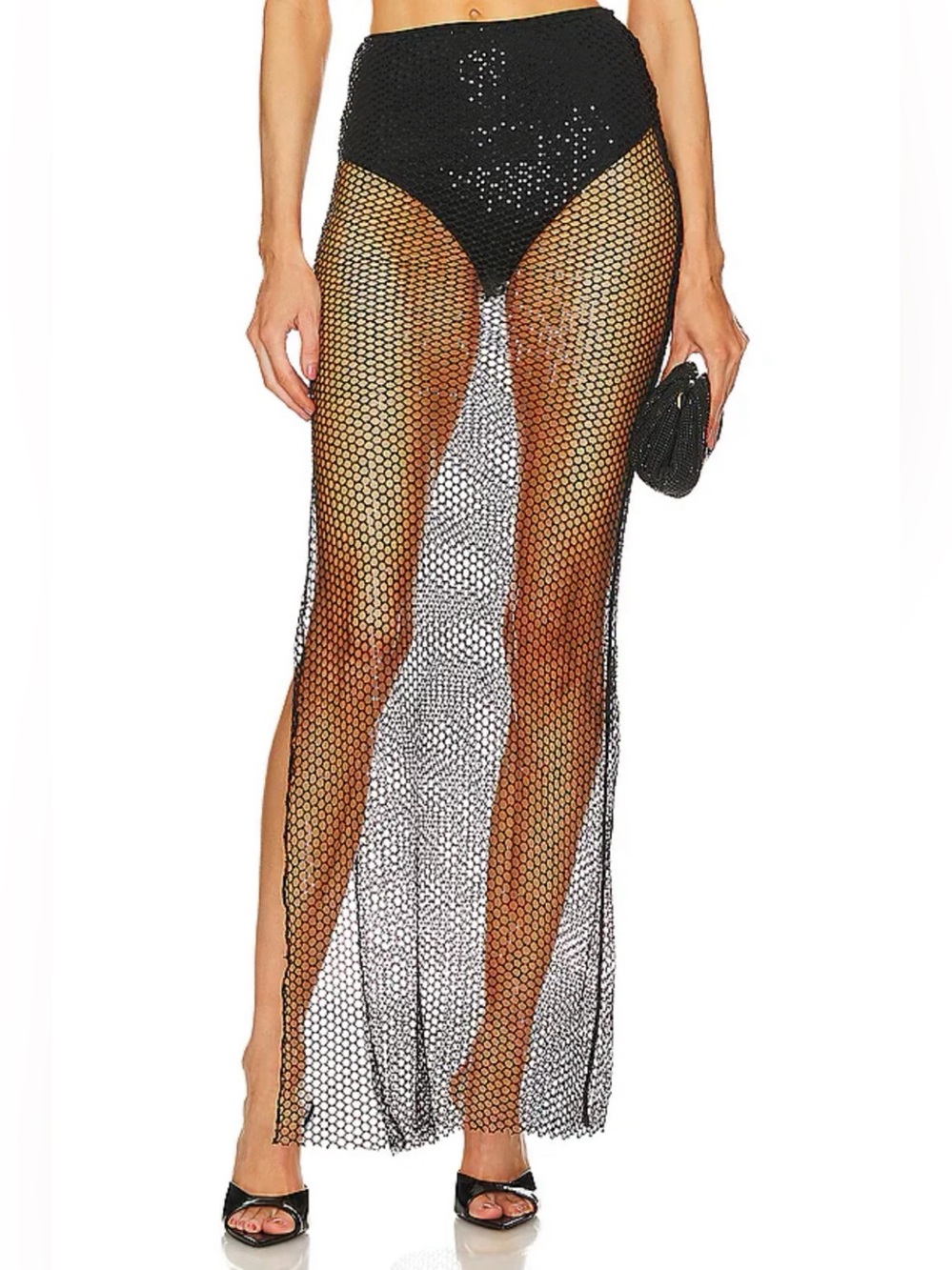 Michael Costello Samara Sheer Black Fishnet Maxi Skirt with High Waist - S